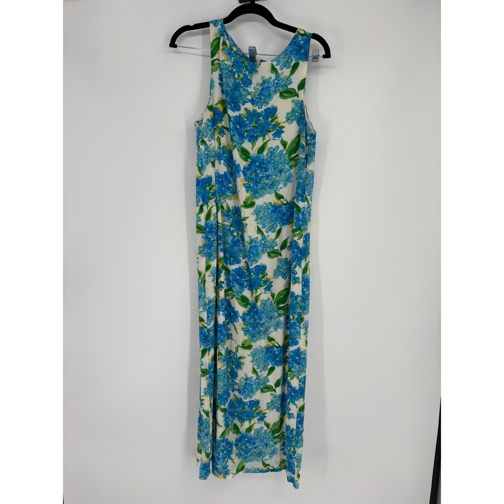 Talbots Maxi Dress Womens 6 Blue Hydrangea Floral Silk Sleeveless Long Sheath